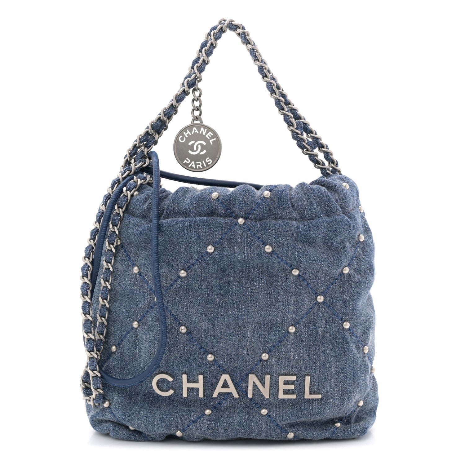 Washed Denim Quilted Studded Mini Chanel 22 Blue