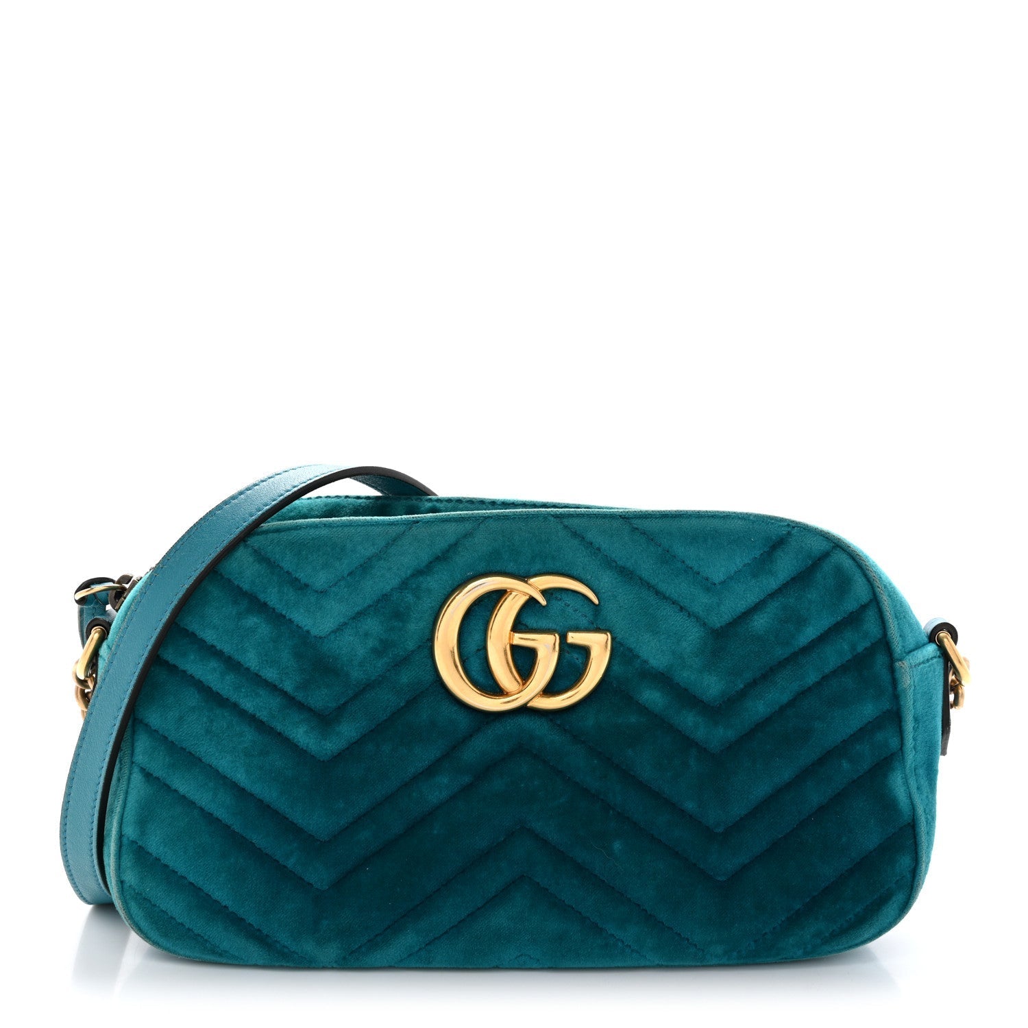Velvet Matelasse Small GG Marmont Chain Shoulder Bag Pavone Cyan