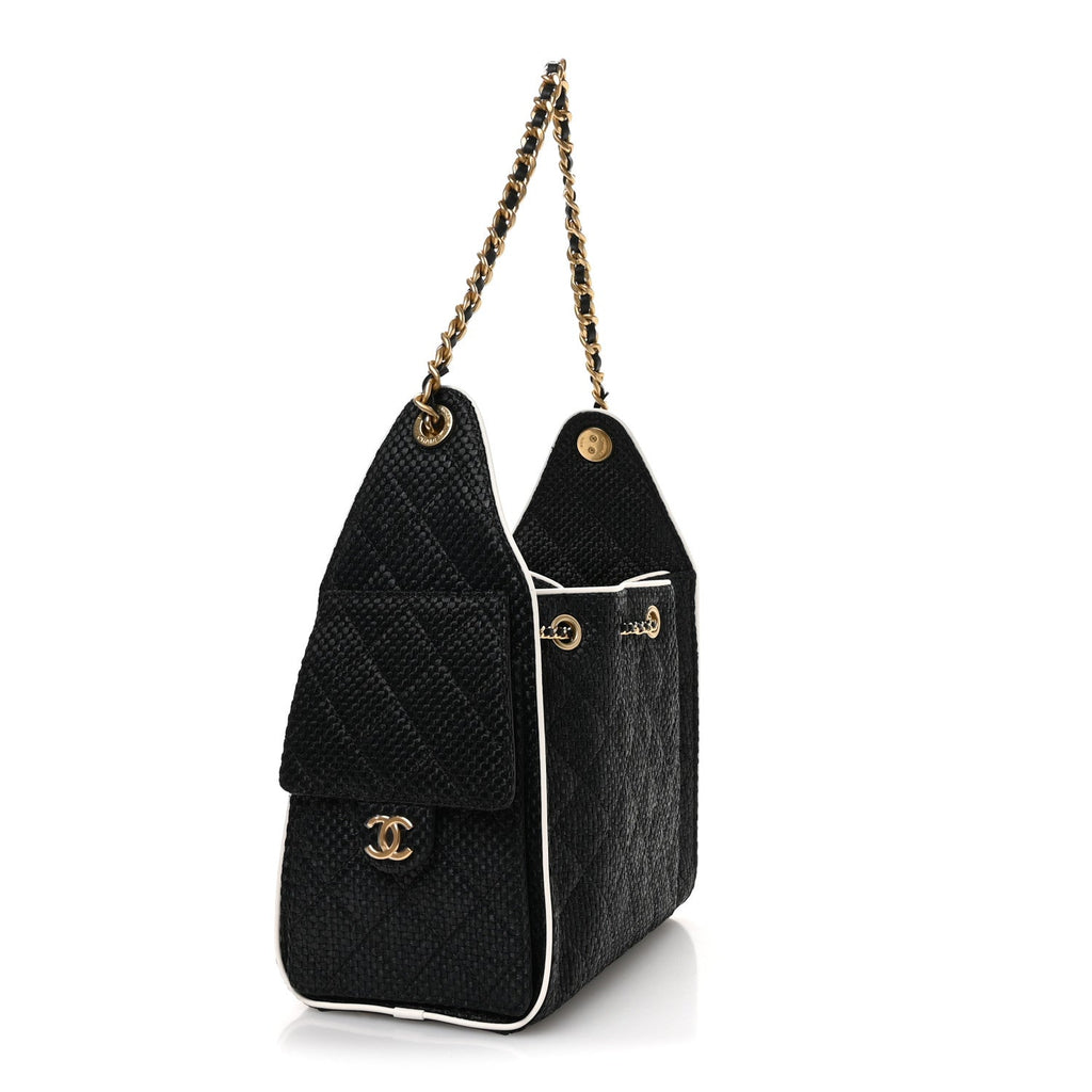 Braided Raffia Calfskin Small Chanel 25 Handbag Black White
