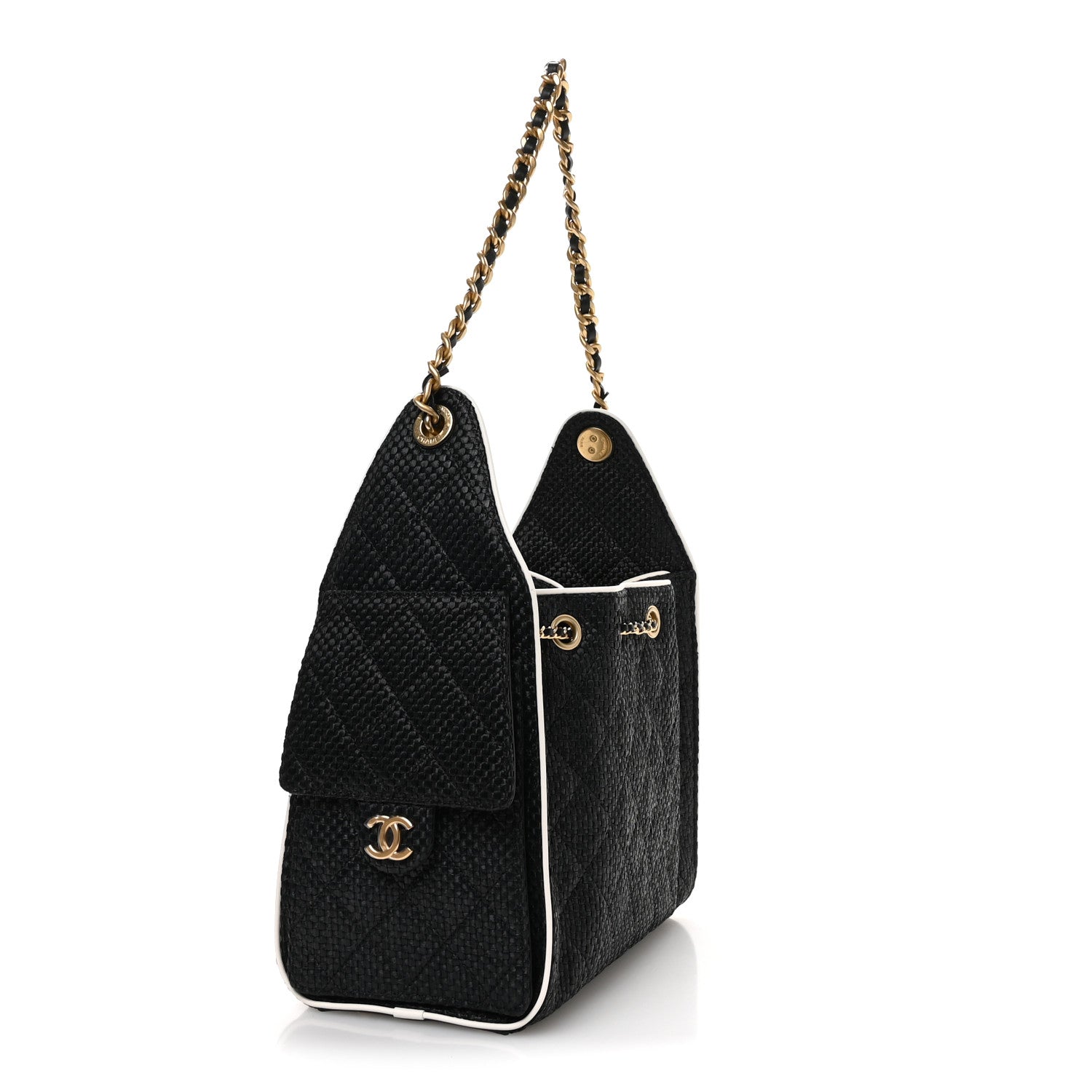 Braided Raffia Calfskin Small Chanel 25 Handbag Black White