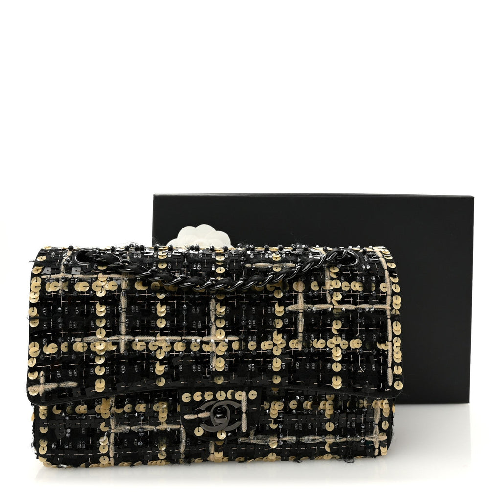 Satin Sequin Embroidered Medium Double Flap Black