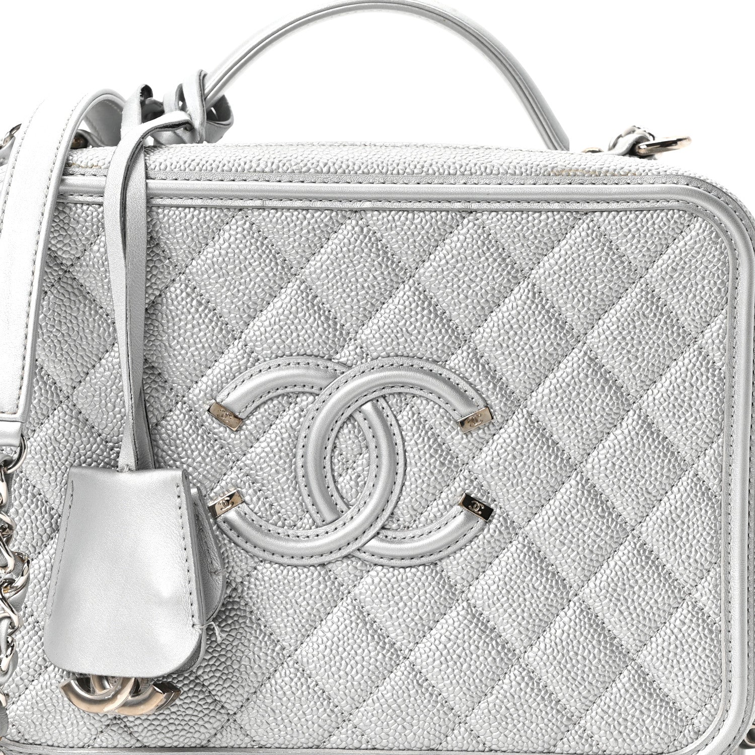 Metallic Caviar Quilted Large CC Filigree Vanity Case Silver