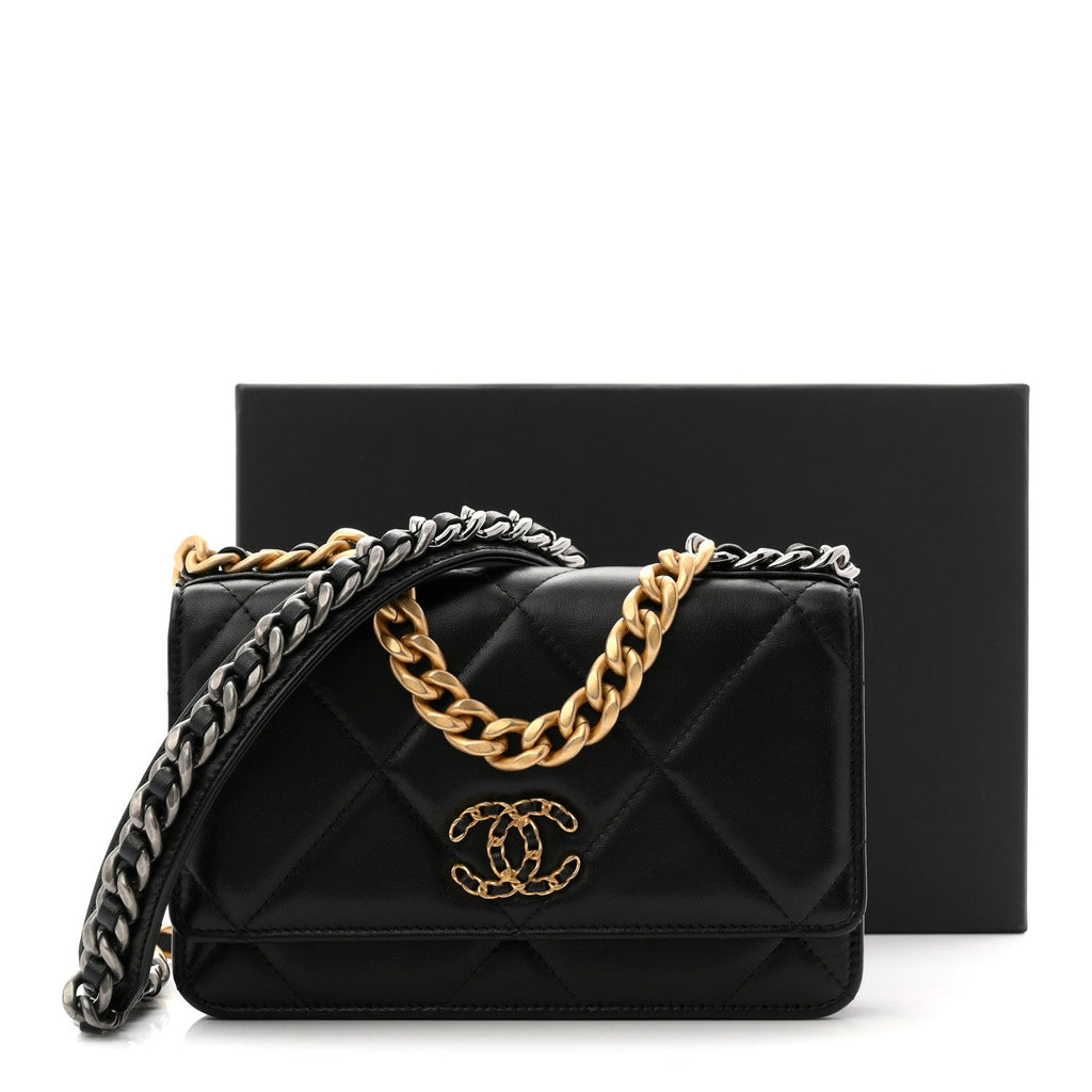 Lambskin Quilted Chanel 19 Wallet On Chain WOC Black