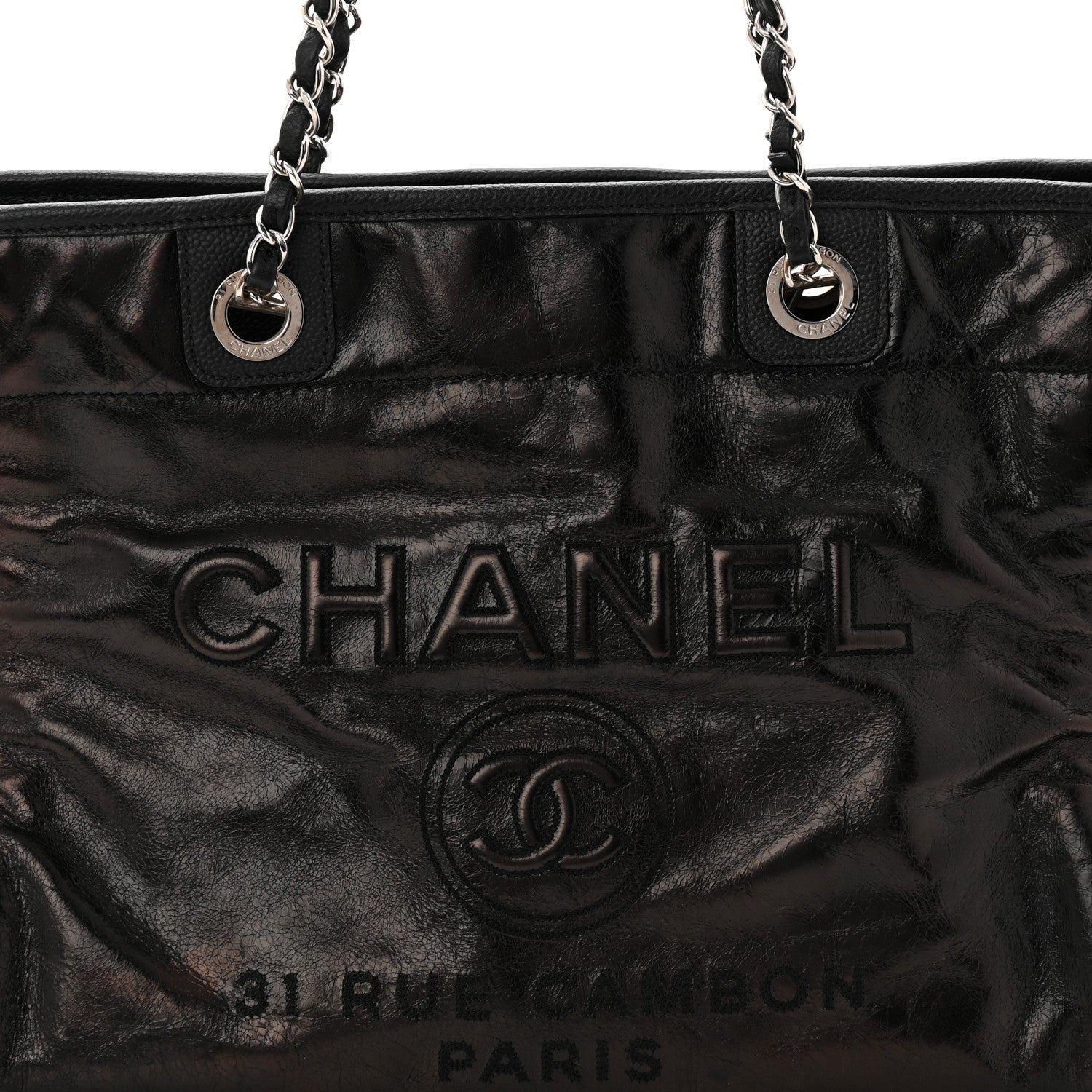 Glazed Calfskin Small Deauville Tote Black
