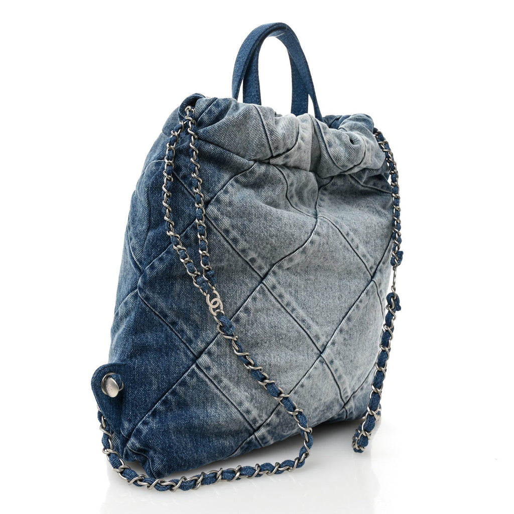 Denim Quilted Chanel 22 Backpack Blue