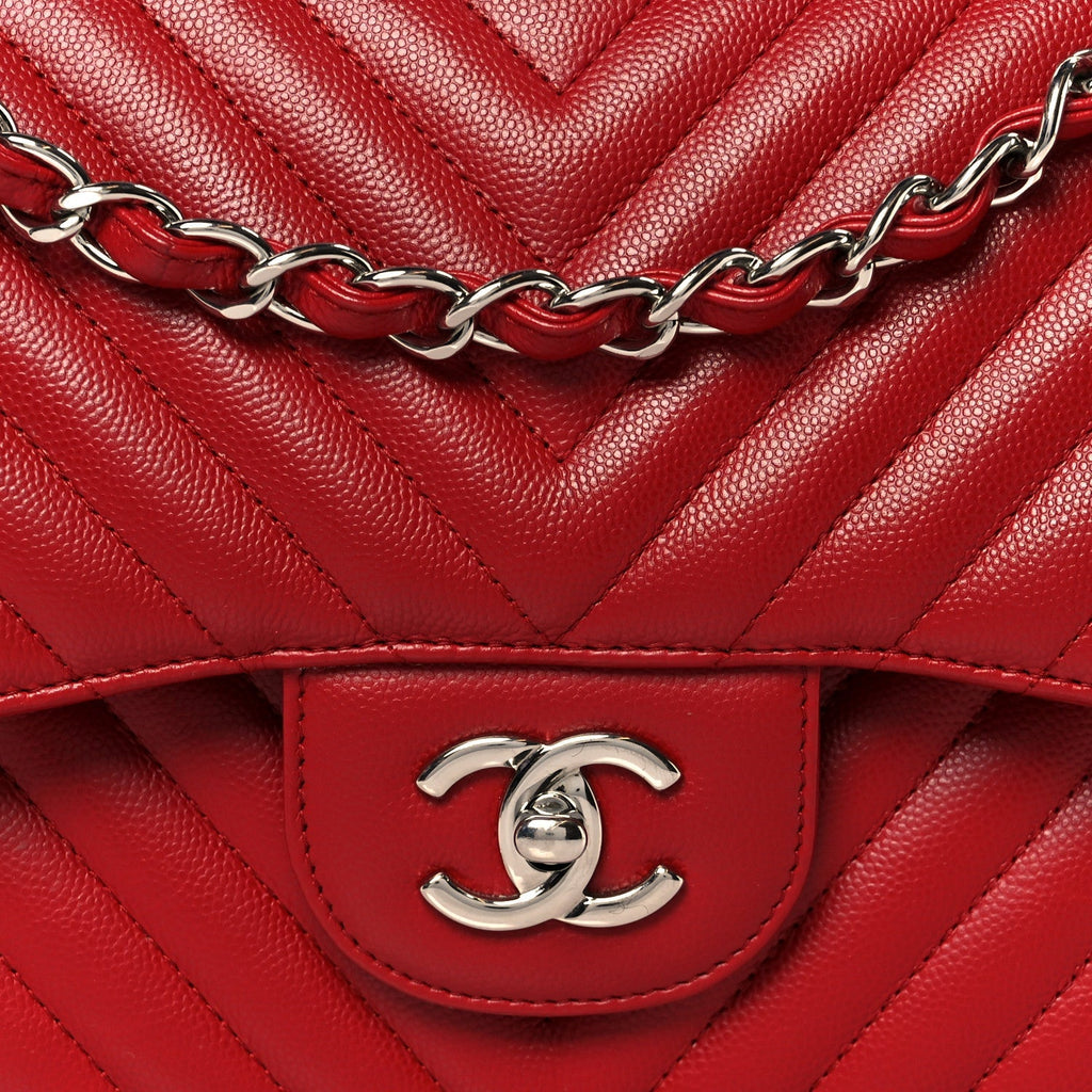 Caviar Chevron Quilted Jumbo Double Flap Dark Red