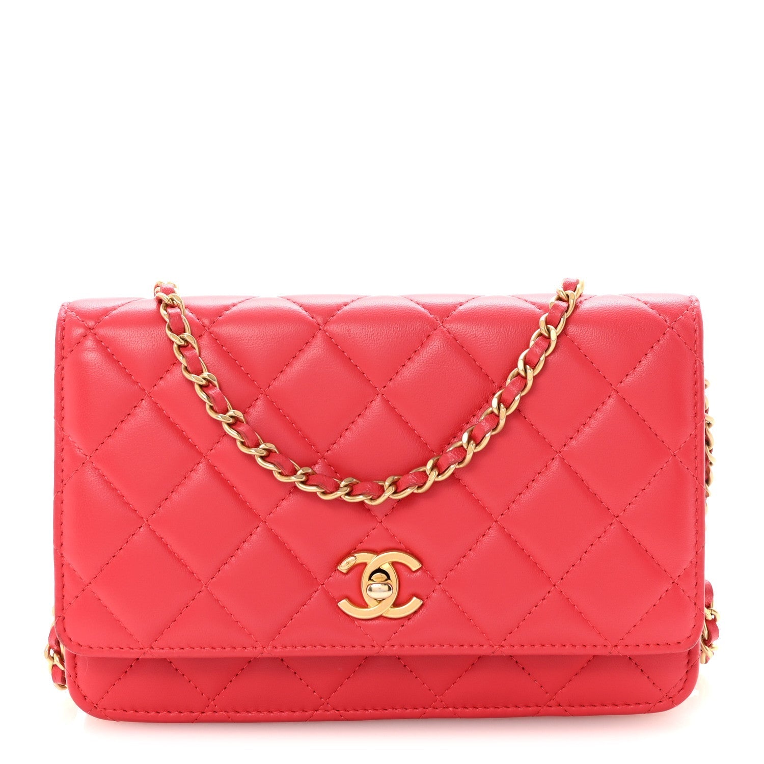 Lambskin Quilted CC Pearl Crush Wallet on Chain WOC Red