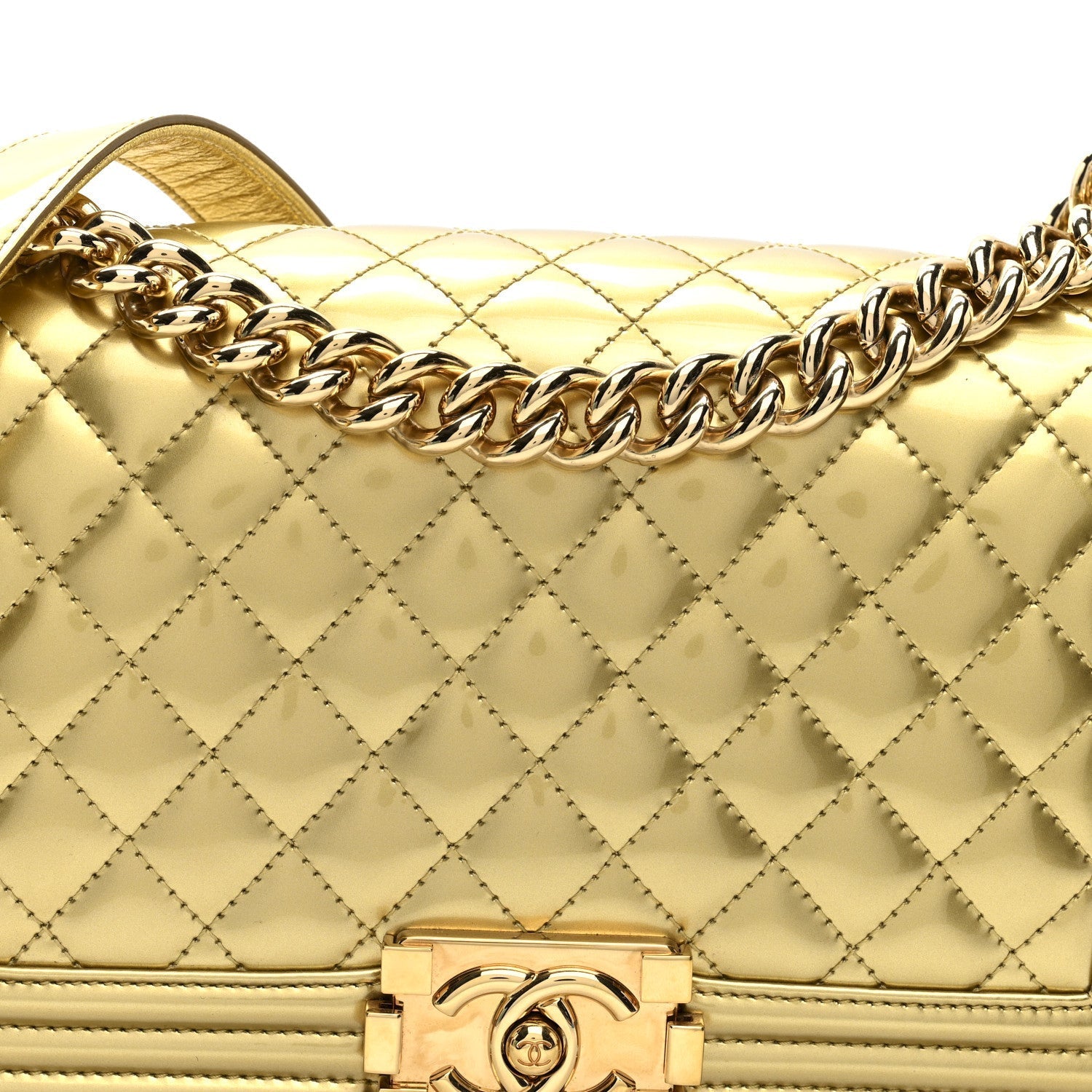 Metallic Patent Calfskin Quilted Medium Boy Flap Gold