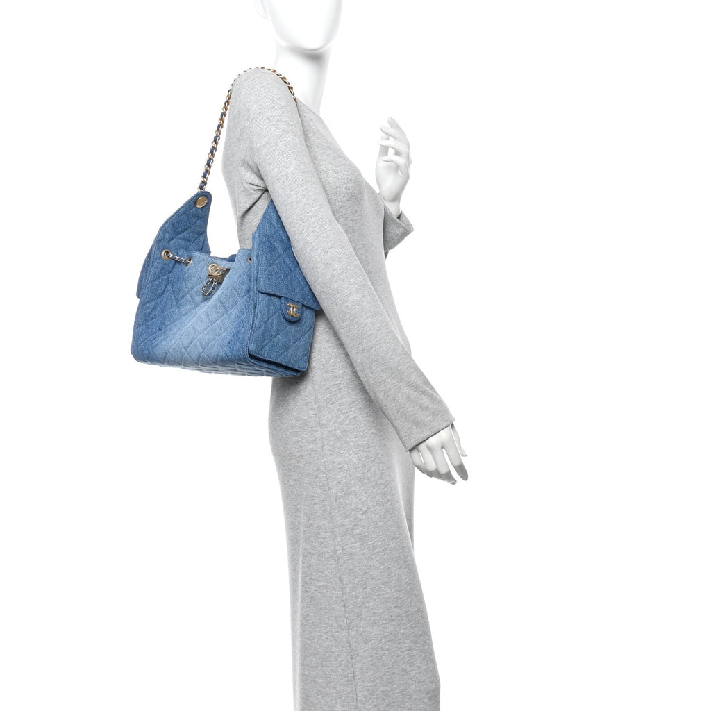 Washed Denim Quilted Small Chanel 25 Handbag Blue