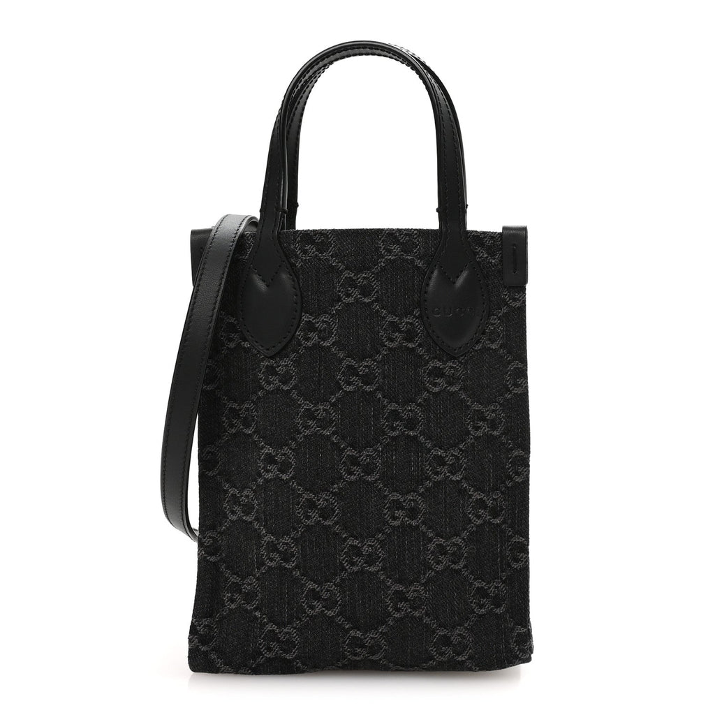Denim GG Monogram Calfskin Mini Ophidia Tote Bag Black