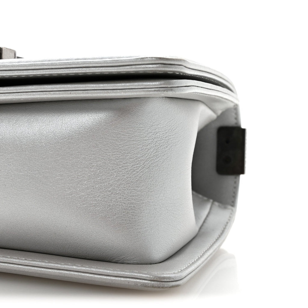 Metallic Calfskin Quilted Small Boy Flap Silver
