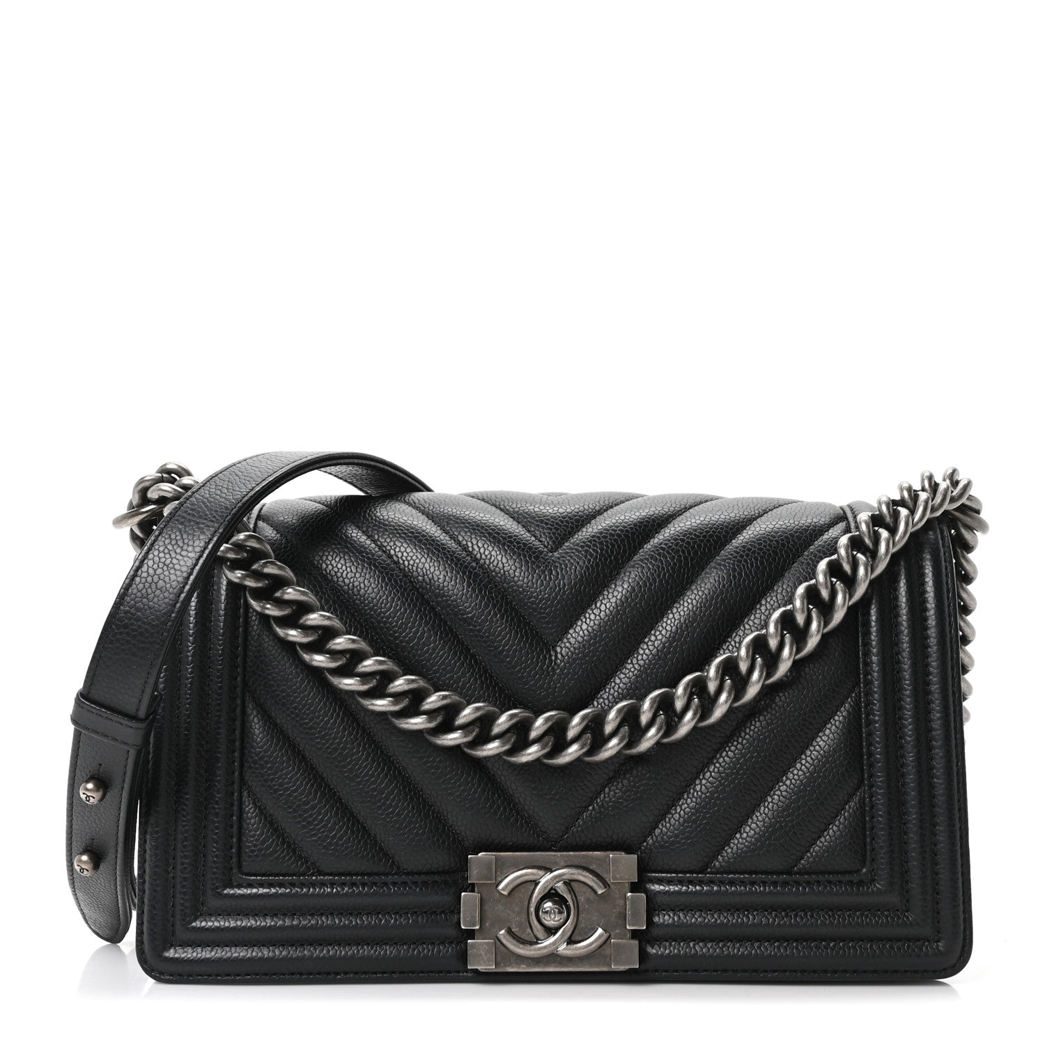 Caviar Chevron Quilted Medium Boy Flap Black