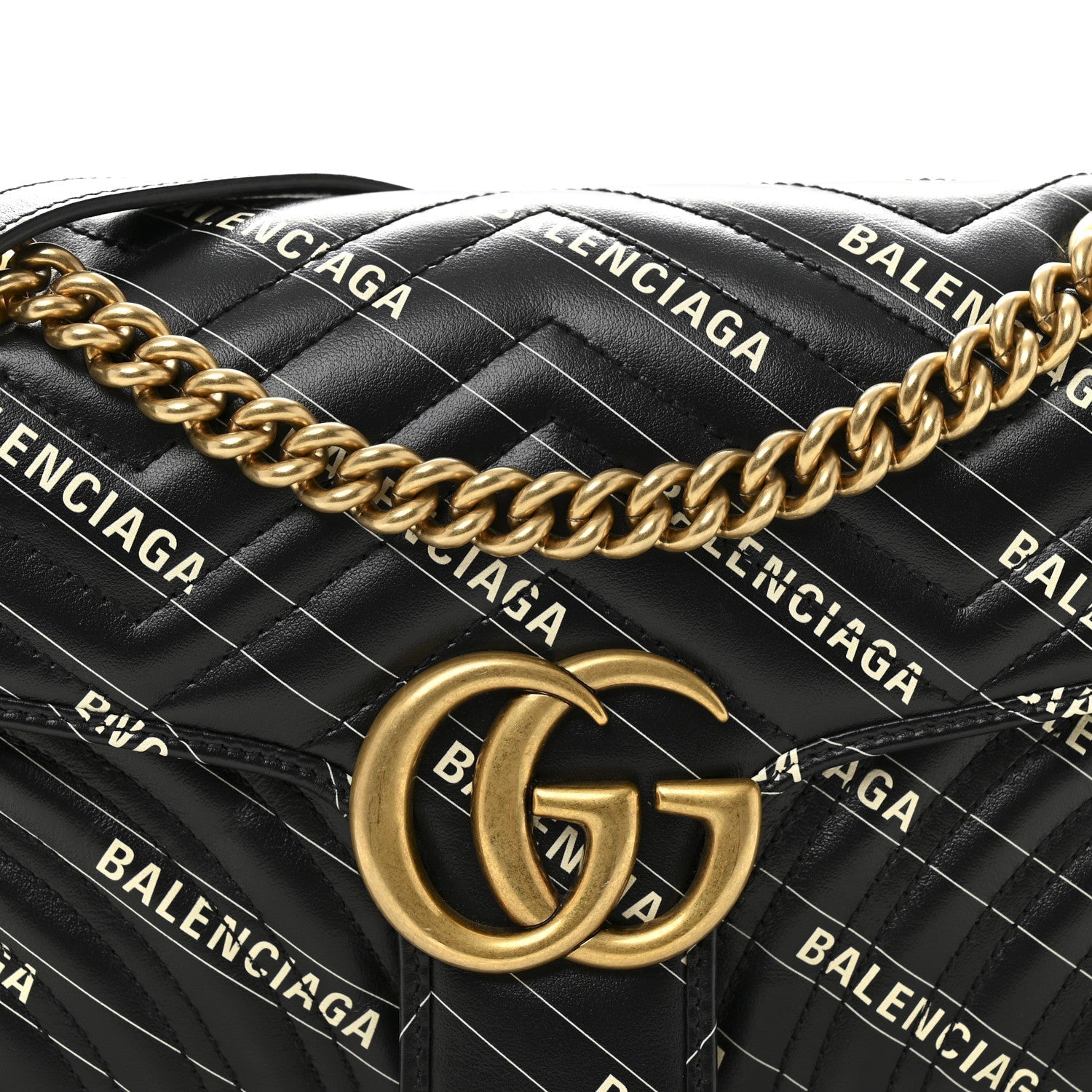 X BALENCIAGA Calfskin Matelasse Logo Print Small GG Marmont Shoulder Bag Black
