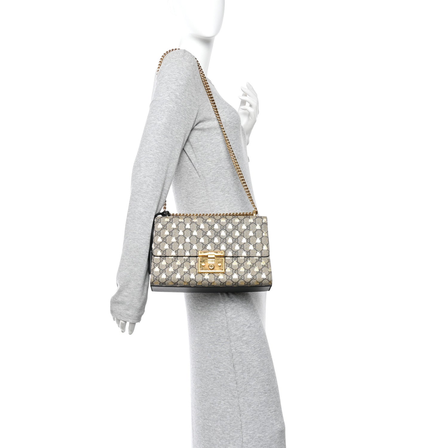 GG Supreme Monogram Bees Medium Padlock Shoulder Bag Beige Oro Black