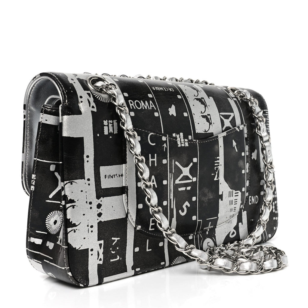 Lambskin Graffiti Printed Medium Double Flap Black Silver