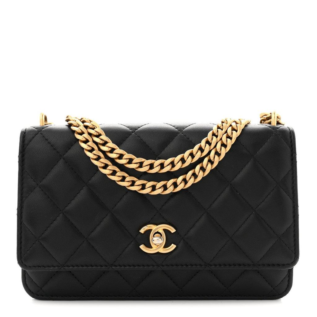 Lambskin Quilted Sweet Camellia Wallet On Chain WOC Black