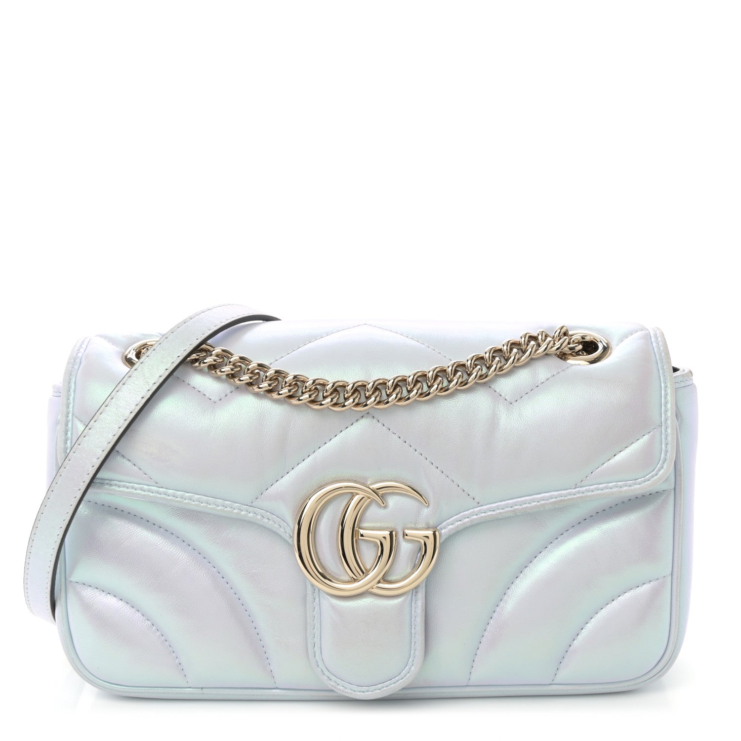 Iridescent Nappa Chevron Matelasse Small GG Marmont Shoulder Bag Iridescent Snow Light Blue