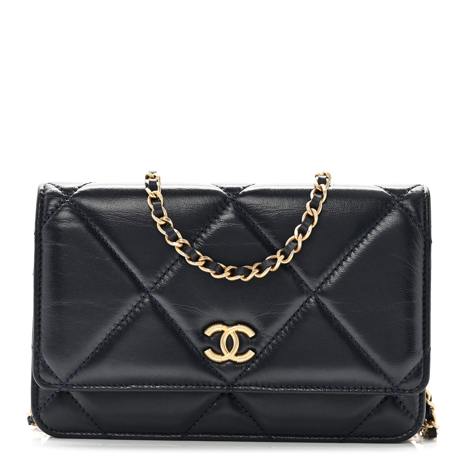 Lambskin Quilted Wallet On Chain WOC Navy