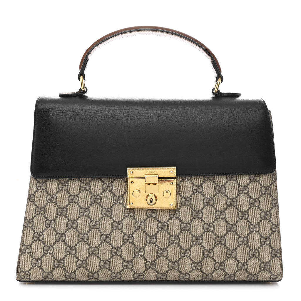GG Supreme Monogram Calfskin Medium Padlock Top Handle Bag Beige Black Cuir