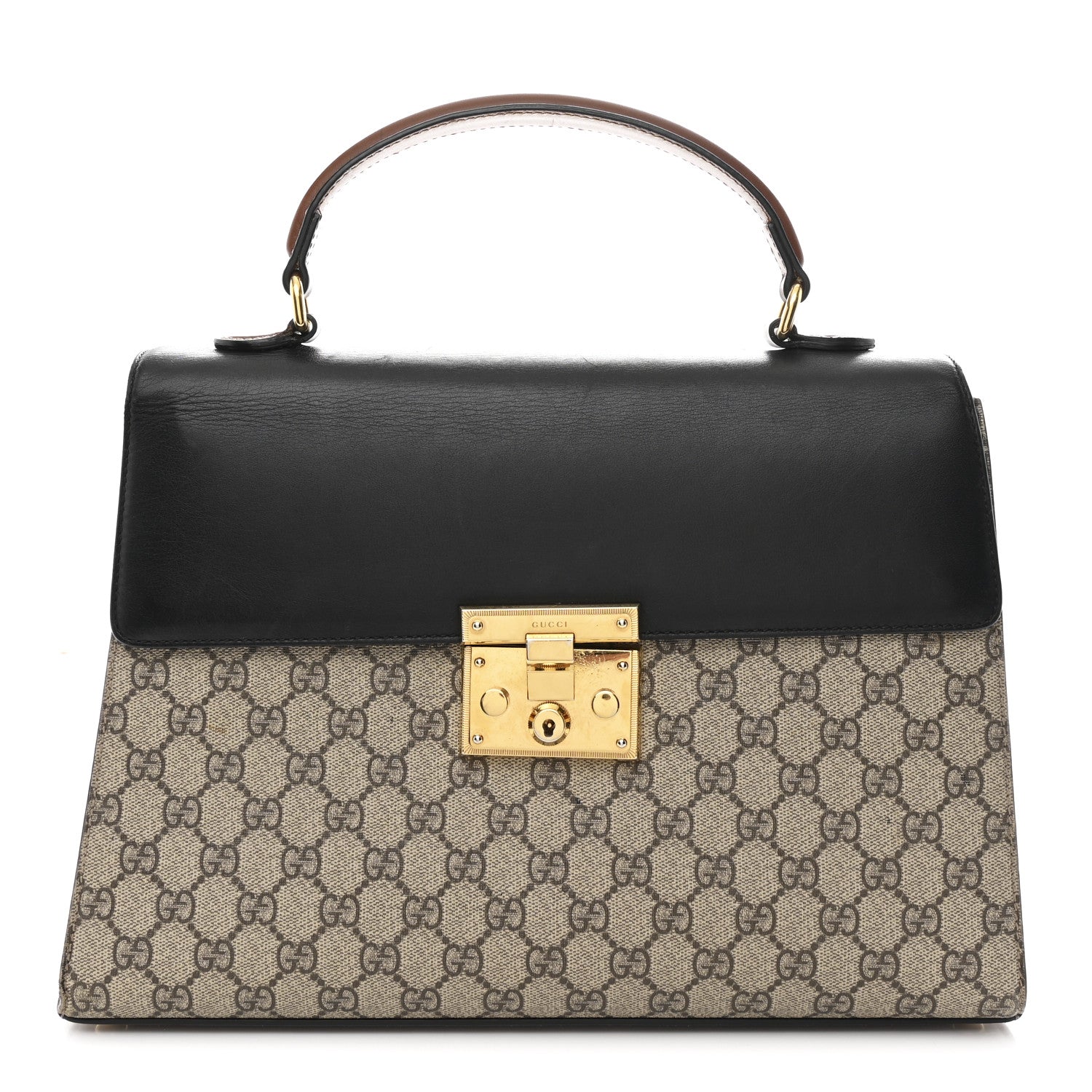 GG Supreme Monogram Calfskin Medium Padlock Top Handle Bag Beige Black Cuir