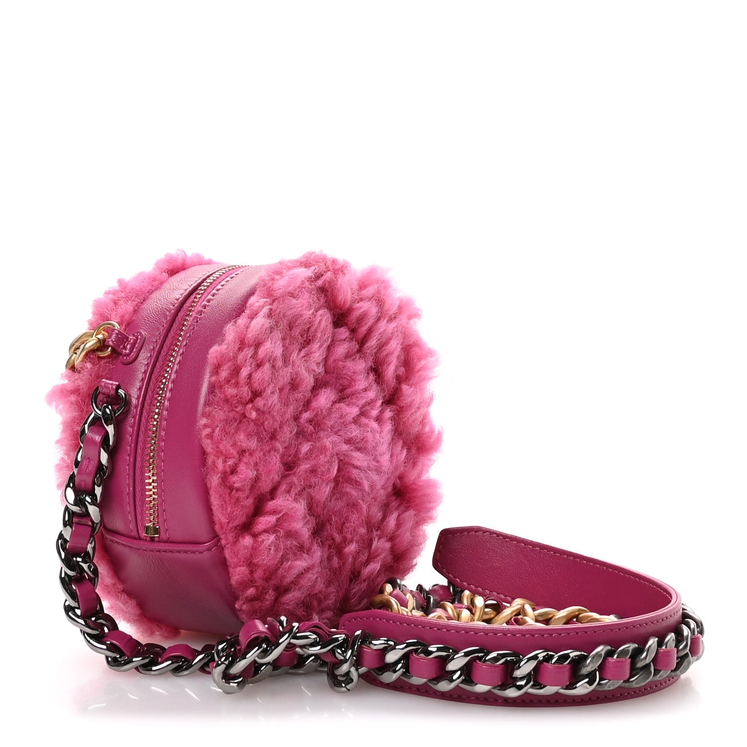 Shearling Sheepskin Chanel 19 Round Clutch With Chain Dark Pink