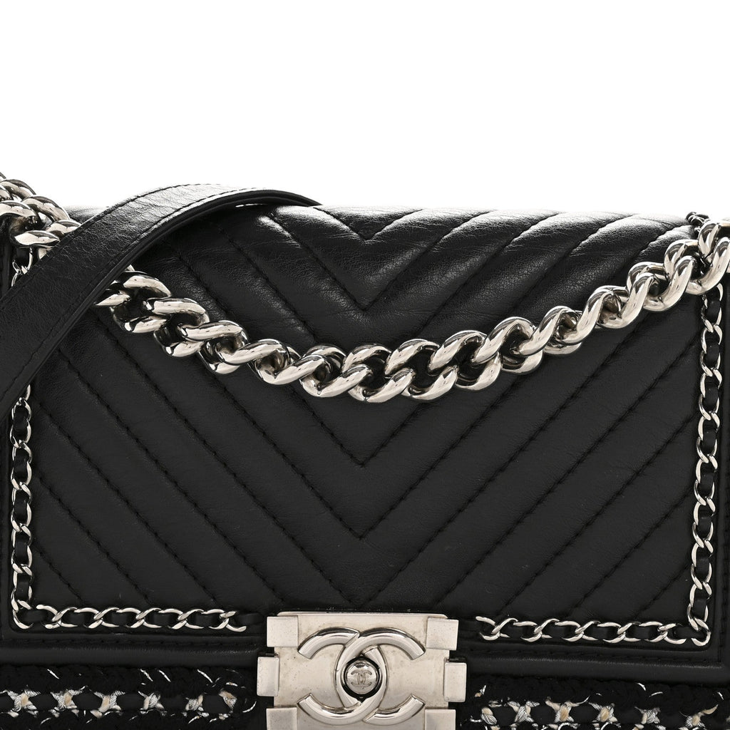 Calfskin Chevron Tweed Medium Boy Flap Black
