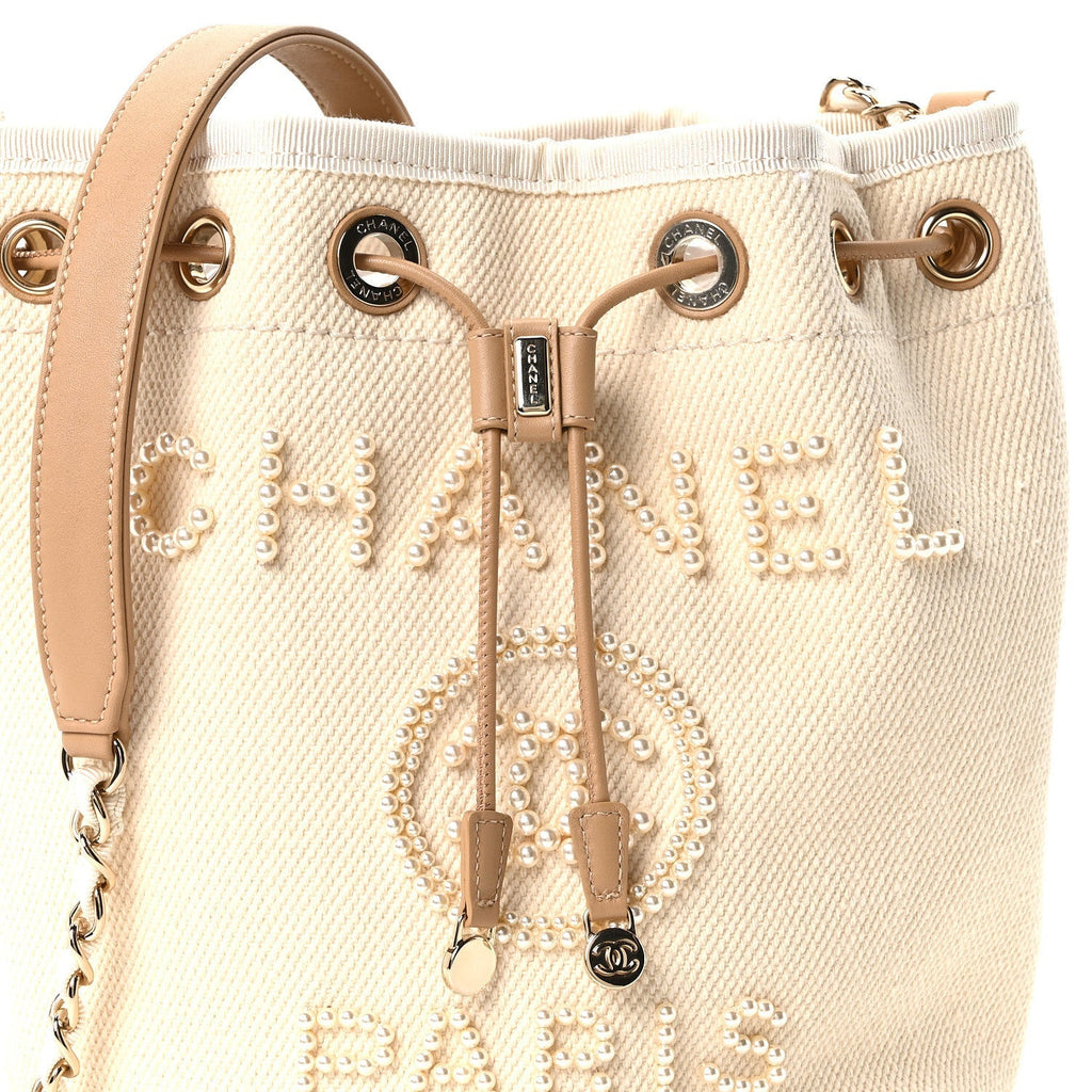 Canvas Pearl Deauville Drawstring Bucket Bag Ecru Beige