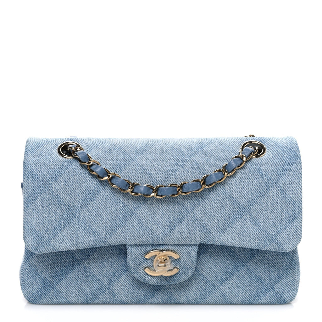 Printed Denim Quilted Small Double Flap Light Blue