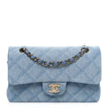 Printed Denim Quilted Small Double Flap Light Blue