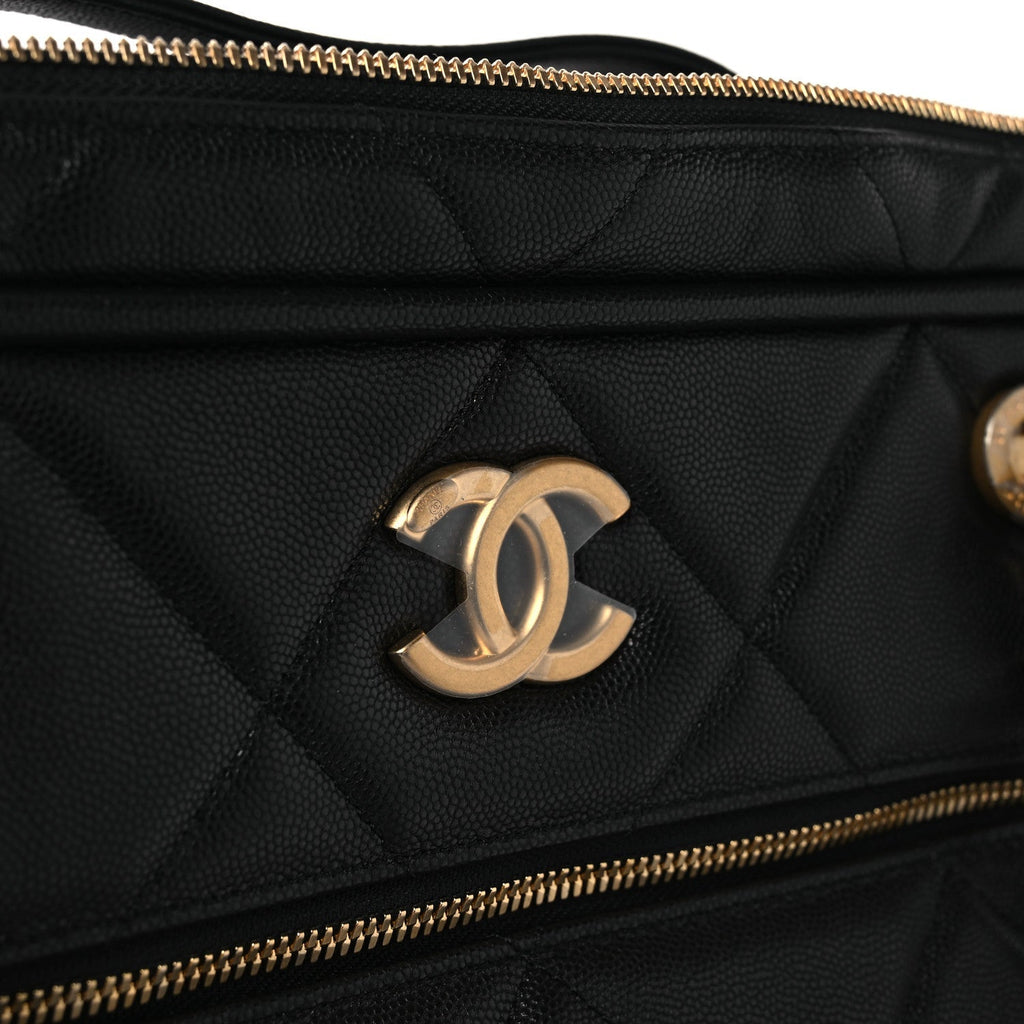 Shiny Grained Calfskin Quilted Large Travel Bowling Bag Black