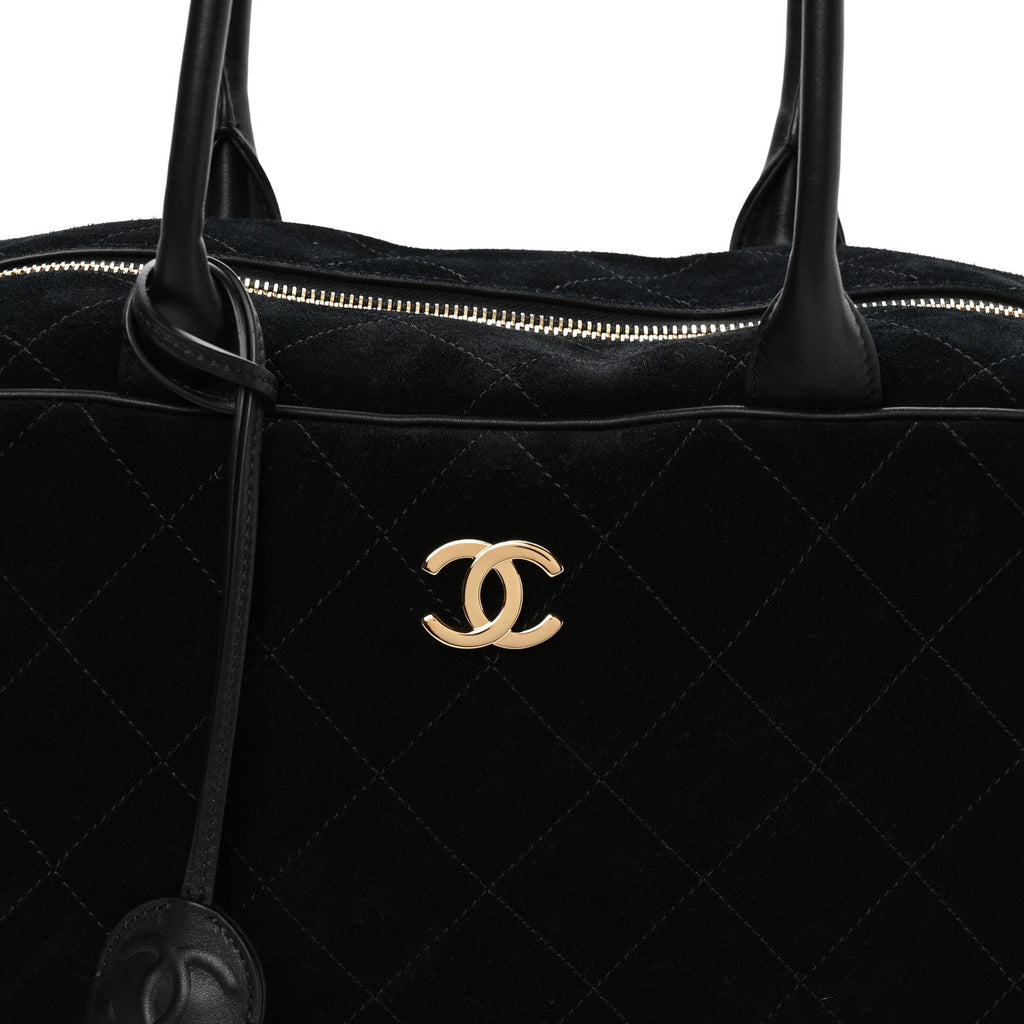Suede Calfskin Large Perfect Bowling Bag Black