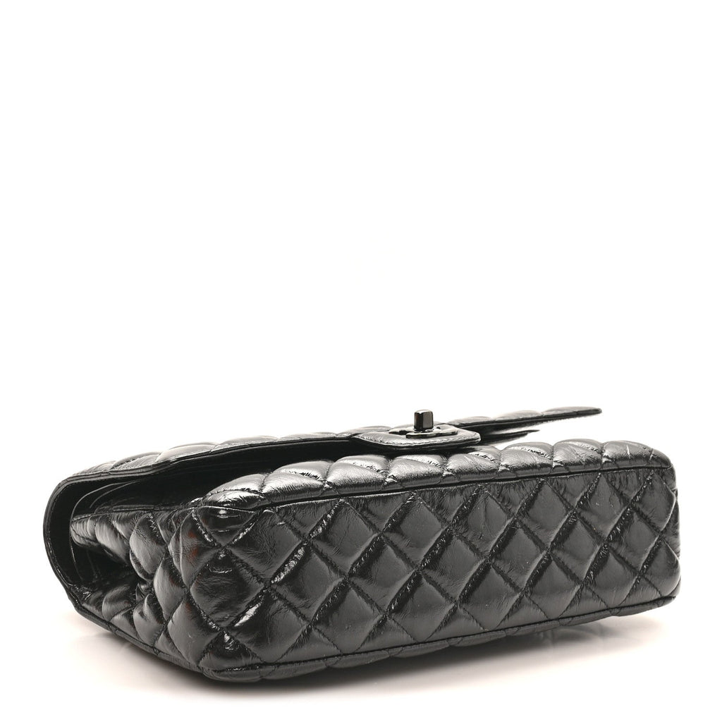Shiny Crumpled Calfskin Quilted Medium Double Flap So Black
