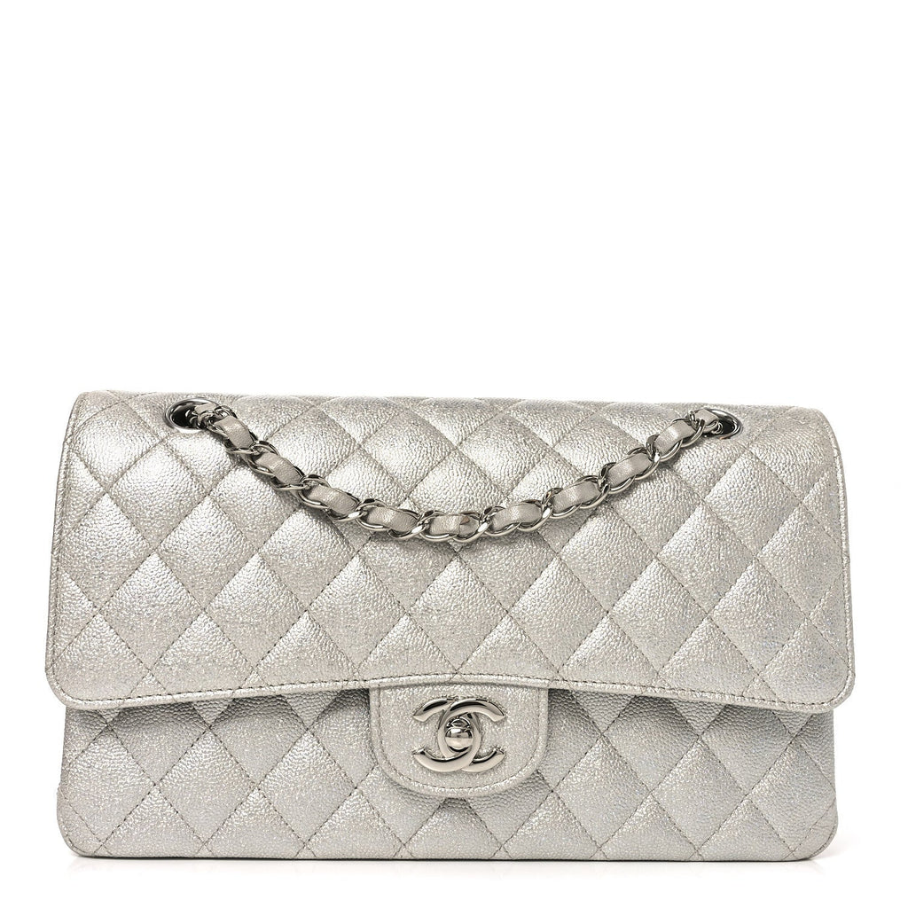 Glittered Metallic Caviar Quilted Medium Double Flap Silver