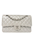 Glittered Metallic Caviar Quilted Medium Double Flap Silver