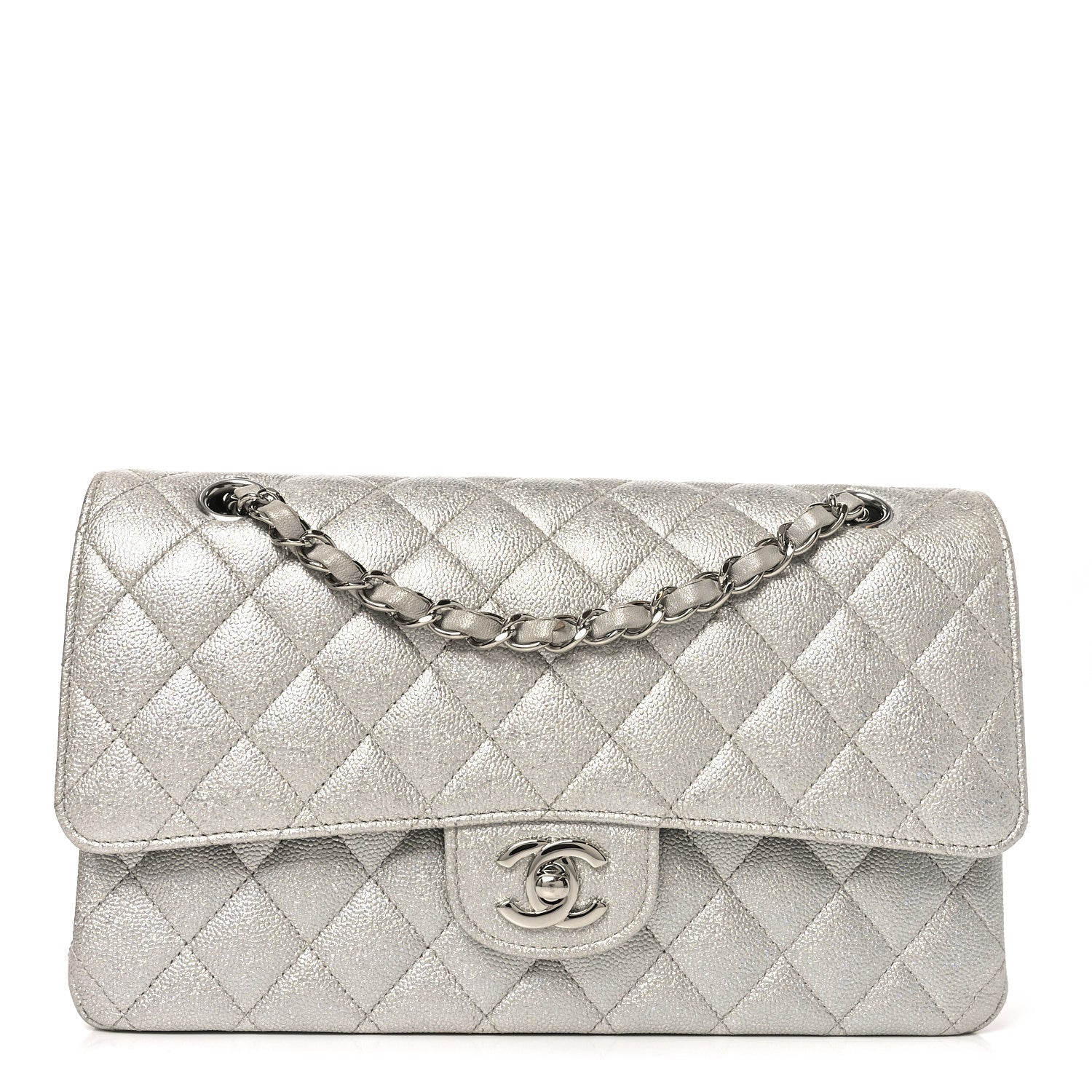 Glittered Metallic Caviar Quilted Medium Double Flap Silver