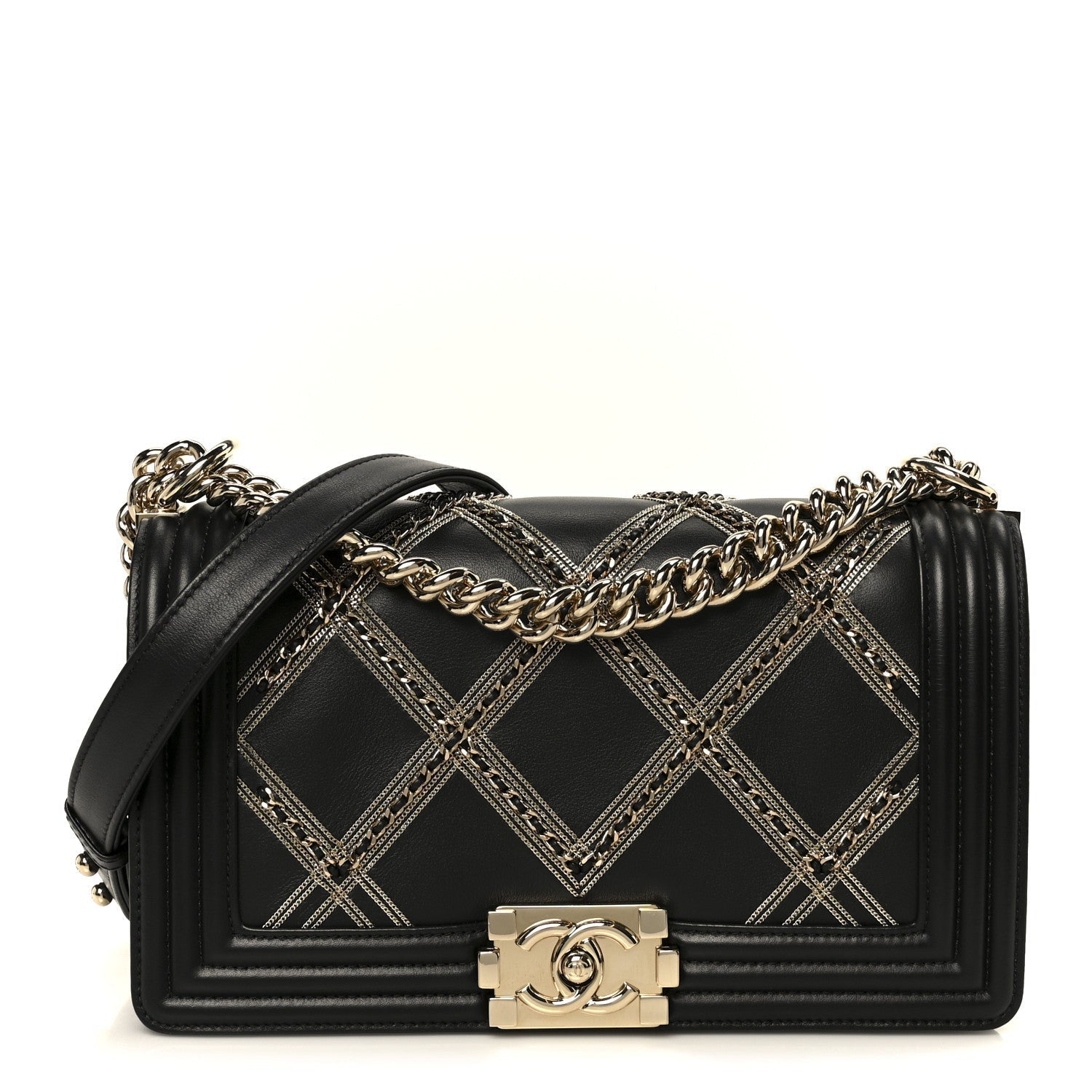Calfskin Quilted Medium Chain Detail Boy Flap Black