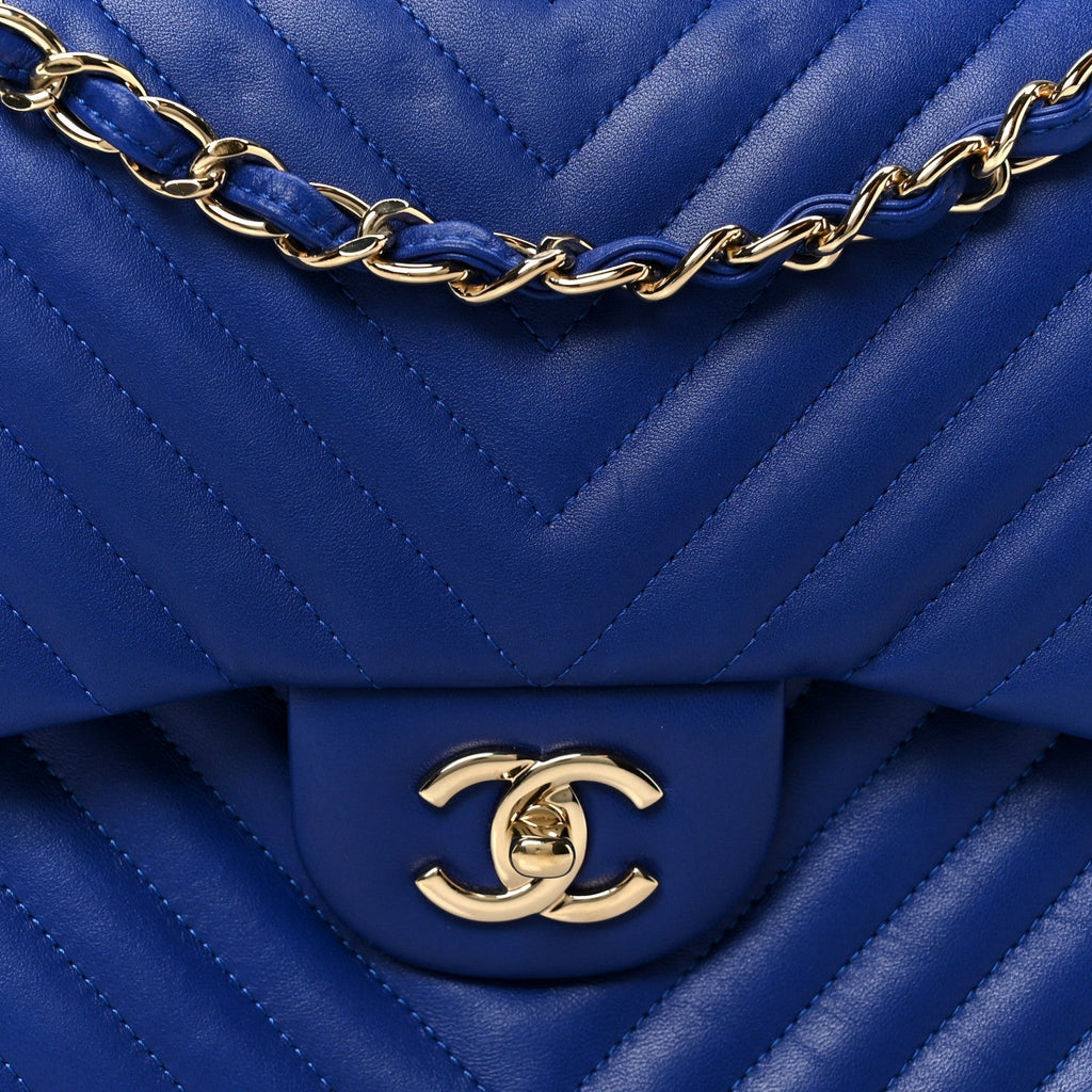 Lambskin Chevron Quilted Jumbo Double Flap Navy Blue
