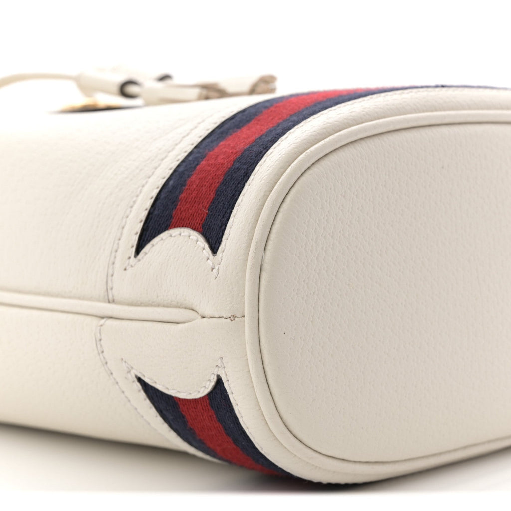 Glazed Textured Calfskin Web Small Ophidia Bucket Bag Mystic White