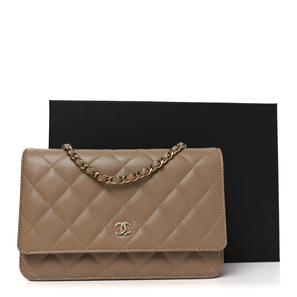 Caviar Quilted Wallet on Chain WOC Beige