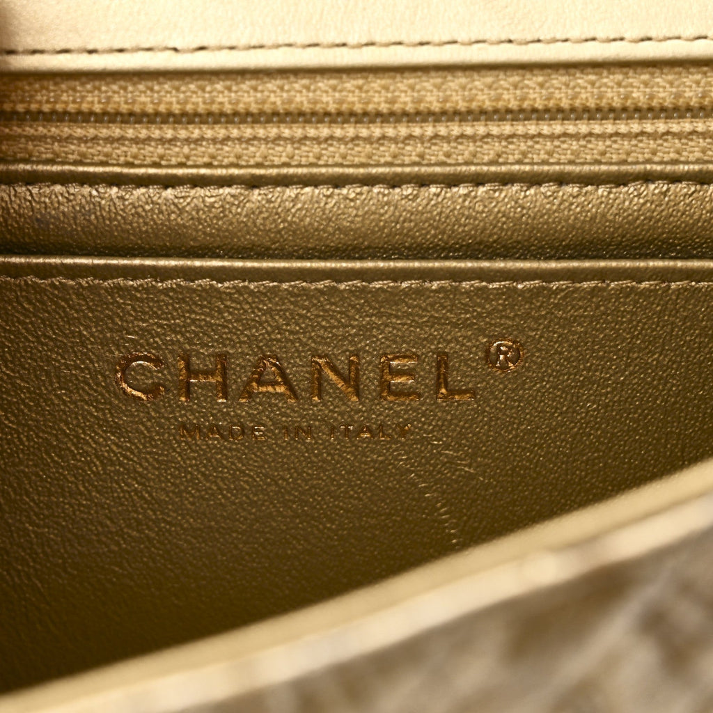 Patent Metallic Crumpled Calfskin Chevron Quilted Mini Square Flap Gold