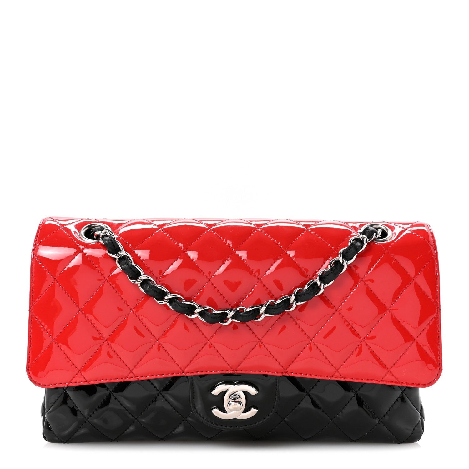 Patent Calfskin Quilted Bi-Color Medium Double Flap Black Red