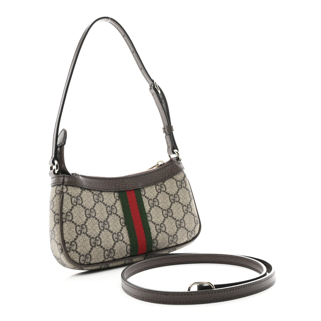 GG Supreme Monogram Textured Dollar Calfskin Web Mini Ophidia Shoulder Bag Beige Ebony New Acero