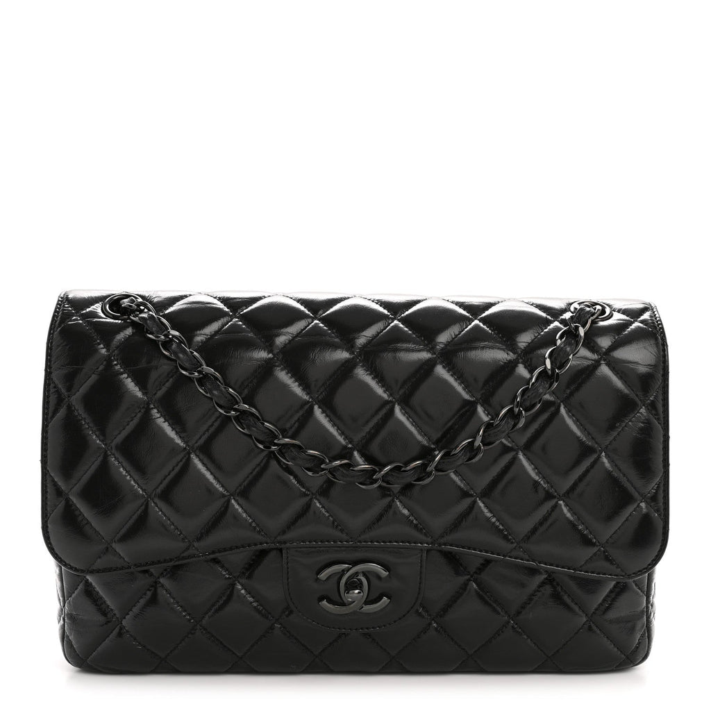 Shiny Crumpled Calfskin Quilted Jumbo Double Flap So Black