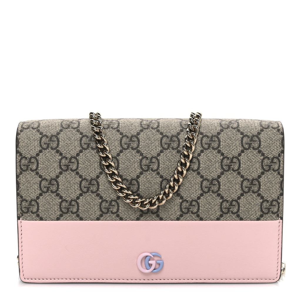 GG Supreme Monogram Textured Dollar Calfskin Mini GG Marmont Chain Wallet Light Pink Blue Beige