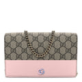 GG Supreme Monogram Textured Dollar Calfskin Mini GG Marmont Chain Wallet Light Pink Blue Beige