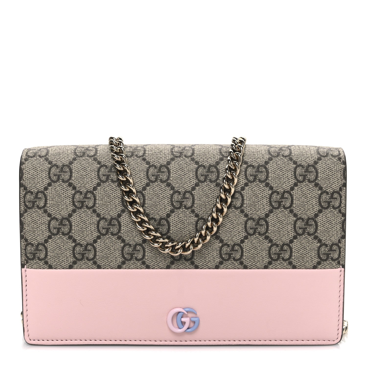 GG Supreme Monogram Textured Dollar Calfskin Mini GG Marmont Chain Wallet Light Pink Blue Beige