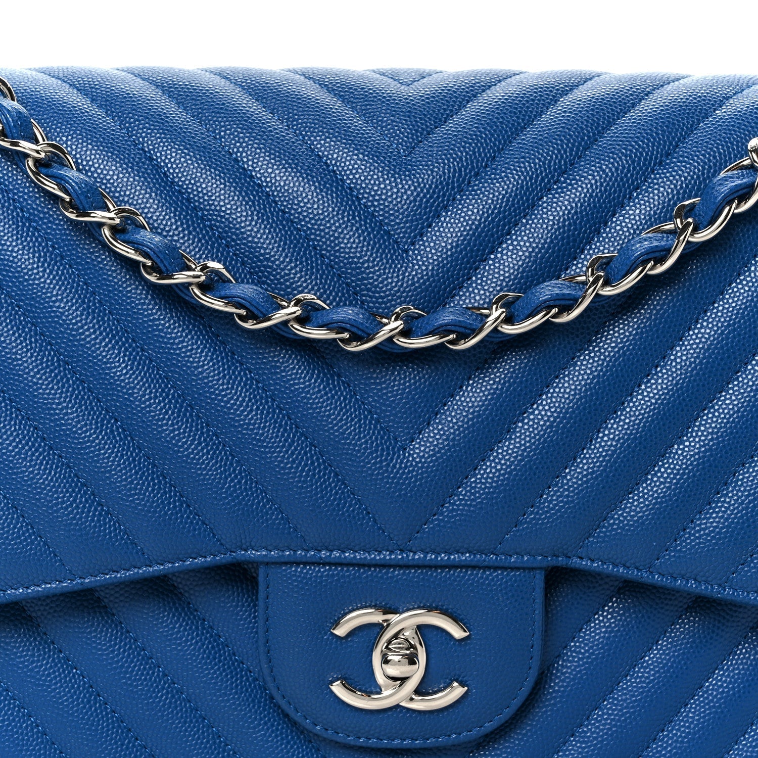 Caviar Chevron Quilted Jumbo Double Flap Blue