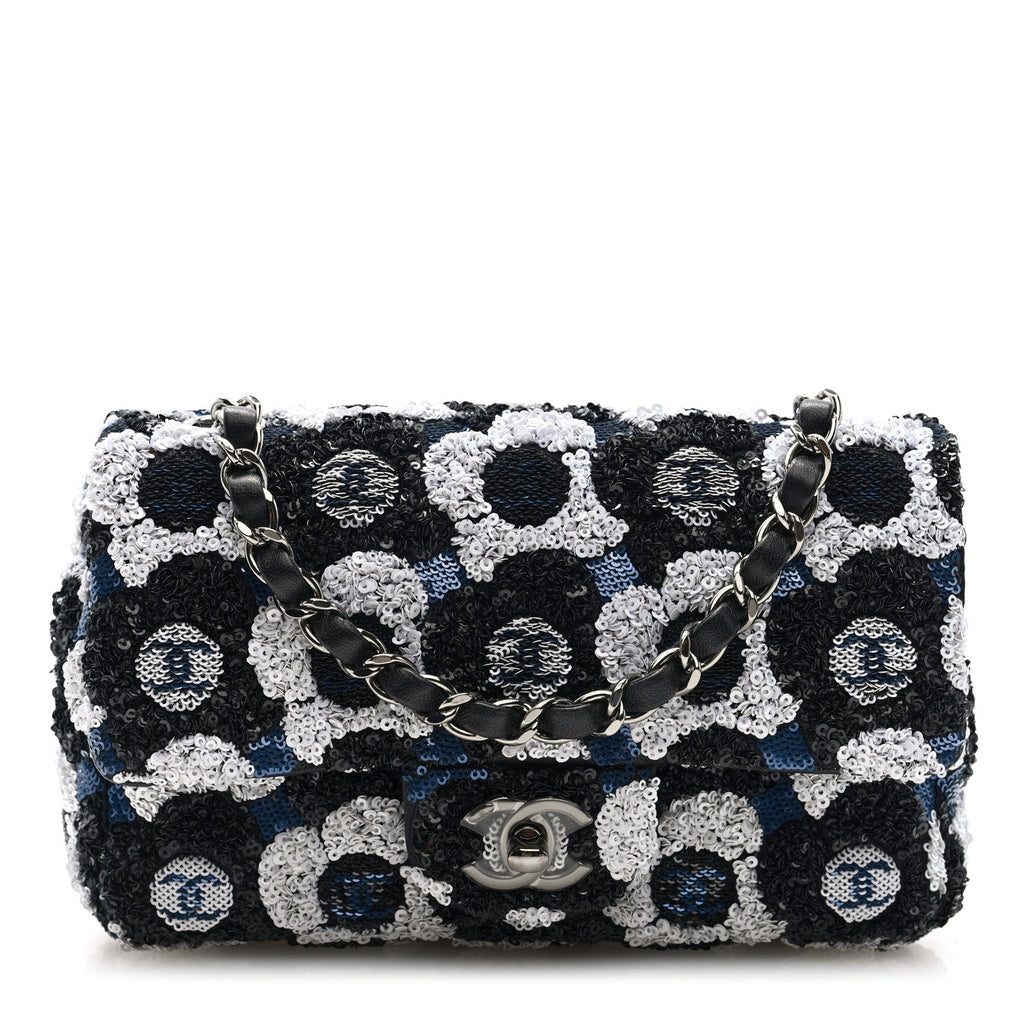 Satin Sequin Embellished Flower Mini Rectangular Flap Black White Blue
