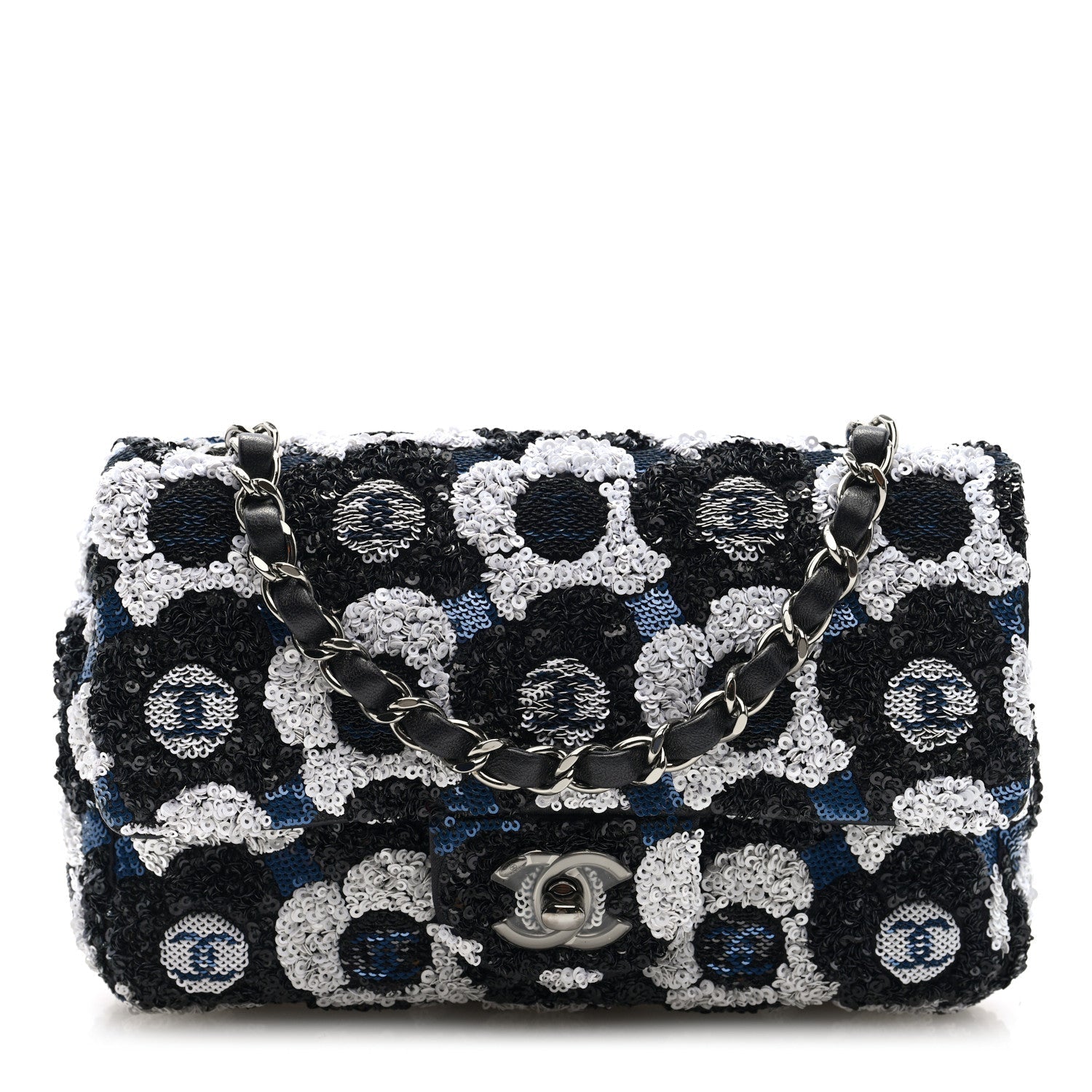 Satin Sequin Embellished Flower Mini Rectangular Flap Black White Blue