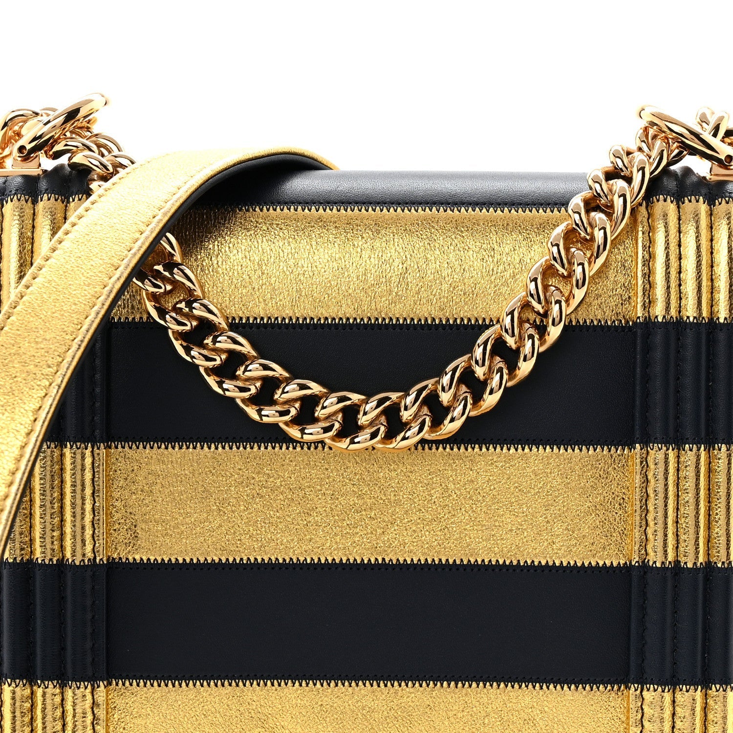 Metallic Lambskin Striped North South Boy Flap Navy Gold
